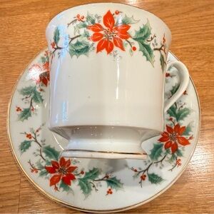 Poinsetta & Holly Pattern 1693 by Trisa  Vintage Footed Cup and Saucer Christmas